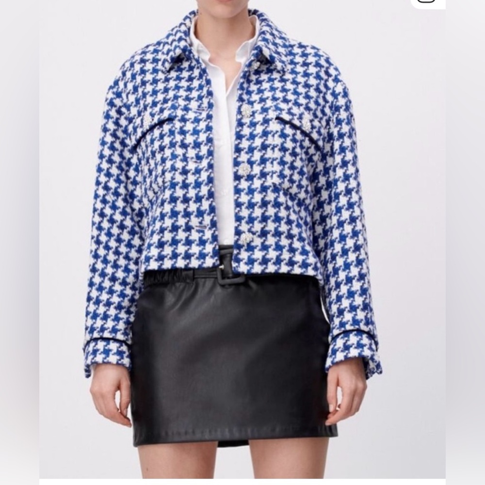 ZARA Women's Blue & White Houndstooth Tweed Jacket Blazer Jewel Buttons Large